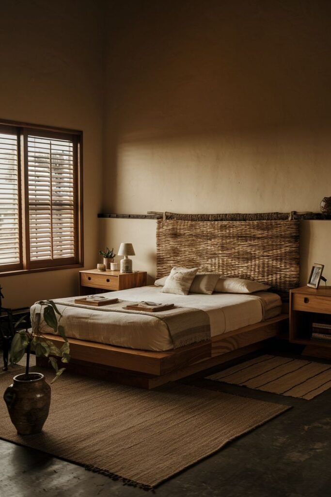 A comfortable, warm, wabi sabi bedroom with a wooden bed, woven headboard, wooden side tables, blinds, and a striped rug.
