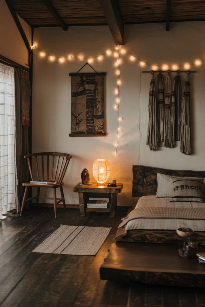 A charming, warm, wabi sabi bedroom with a low bed, wooden floor, string lights, wooden chair, and hanging textile art.