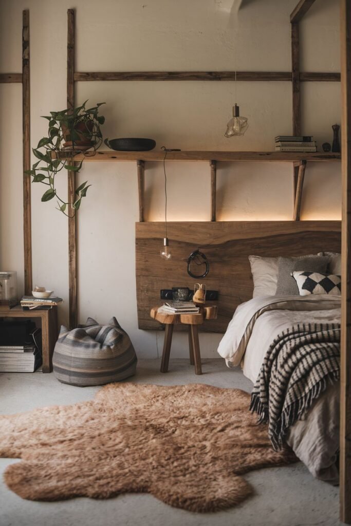 A relaxed, warm, wabi sabi bedroom with a wooden bed featuring a live-edge illuminated headboard, a fluffy rug, and exposed wooden elements.