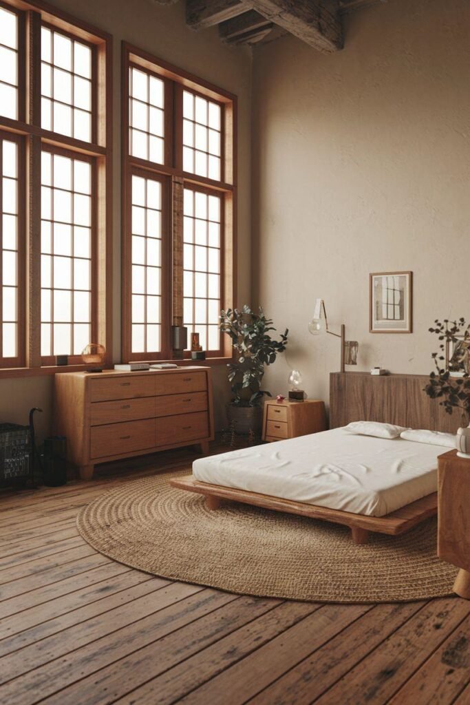A warm wabi-sabi bedroom featuring tall wooden windows, a low platform bed on a round jute rug, and minimalist wood furniture.