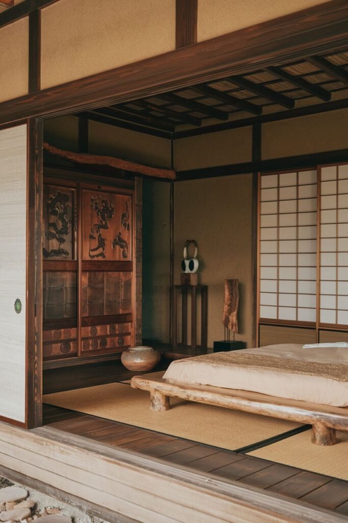 A traditional, warm, wabi sabi bedroom viewed from outside, with sliding doors, a low wooden bed, tatami mats, and a carved wooden cabinet.