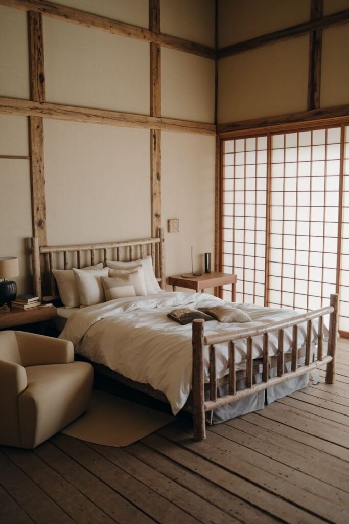 A natural, warm, wabi sabi bedroom with a bed frame made of branches, wooden floor, shoji-style window, and wooden beams.