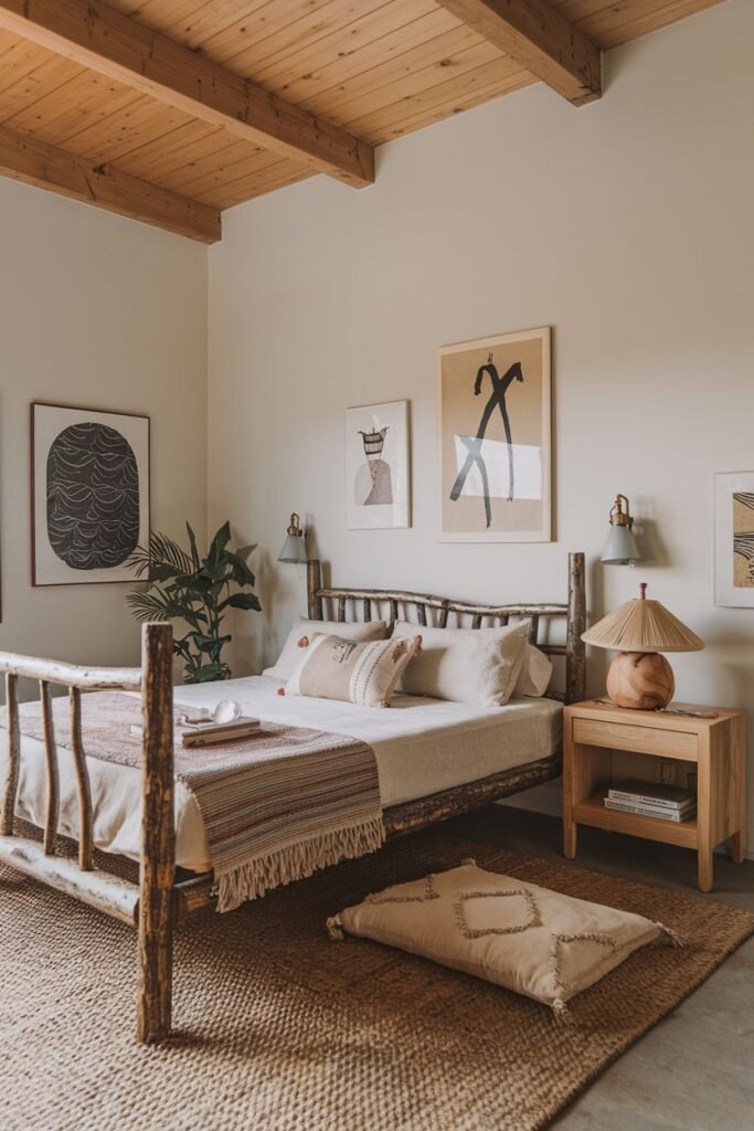 An artistic, warm, wabi sabi bedroom with a bed frame made of branches, wooden ceiling beams, artwork on the walls, and natural textures.