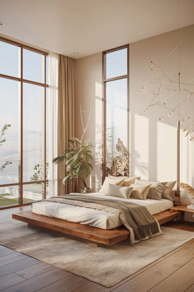 A bright, warm, wabi sabi bedroom with a low wooden bed, large windows with light curtains, potted plants, and organic branch decor.