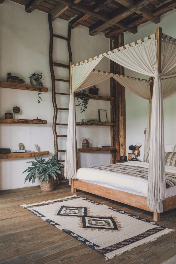 A unique, warm, wabi sabi bedroom with a wooden canopy bed, wooden ladder leading to shelves, exposed beams, and a patterned rug.