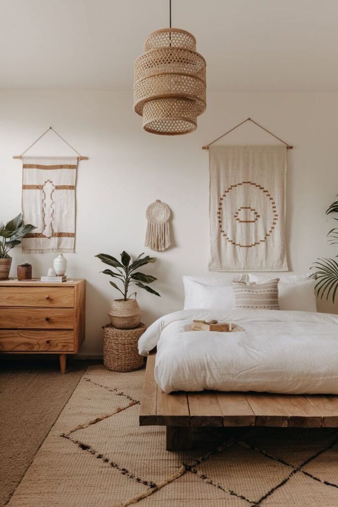 A calm, warm, wabi sabi bedroom with a low wooden bed, natural fiber rug, woven hanging lamp, hanging textiles, and potted plants.