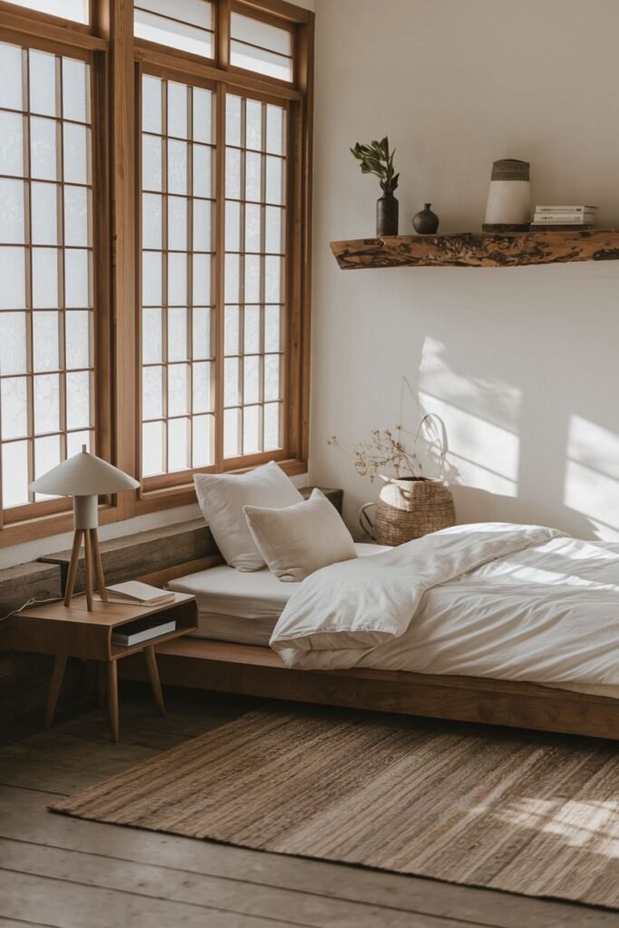 A bright, warm, wabi sabi bedroom with a low wooden bed, natural fiber rug, large shoji-style windows, potted plants, and natural light.