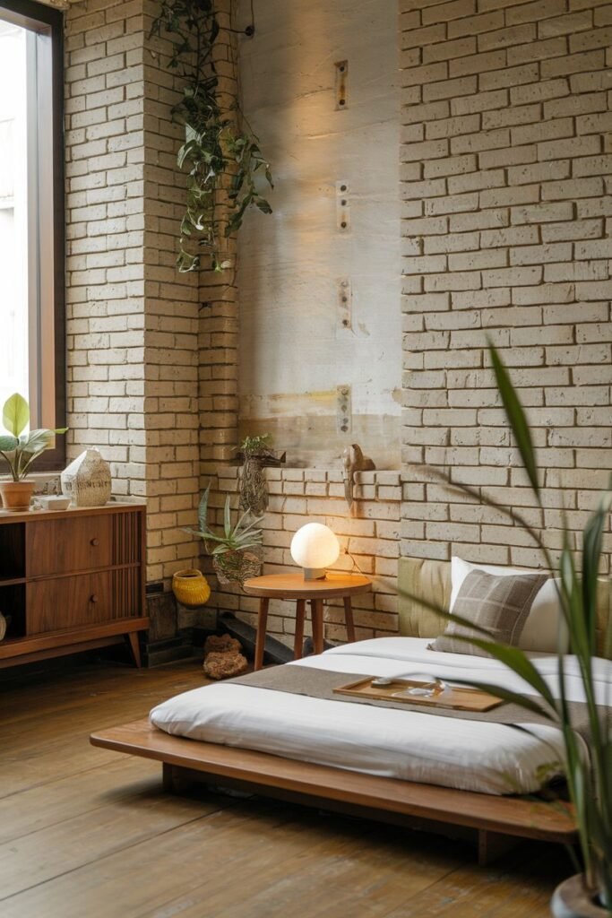 An industrial-inspired, warm, wabi sabi bedroom with a low wooden bed, brick wall, wooden dresser, and potted plants.