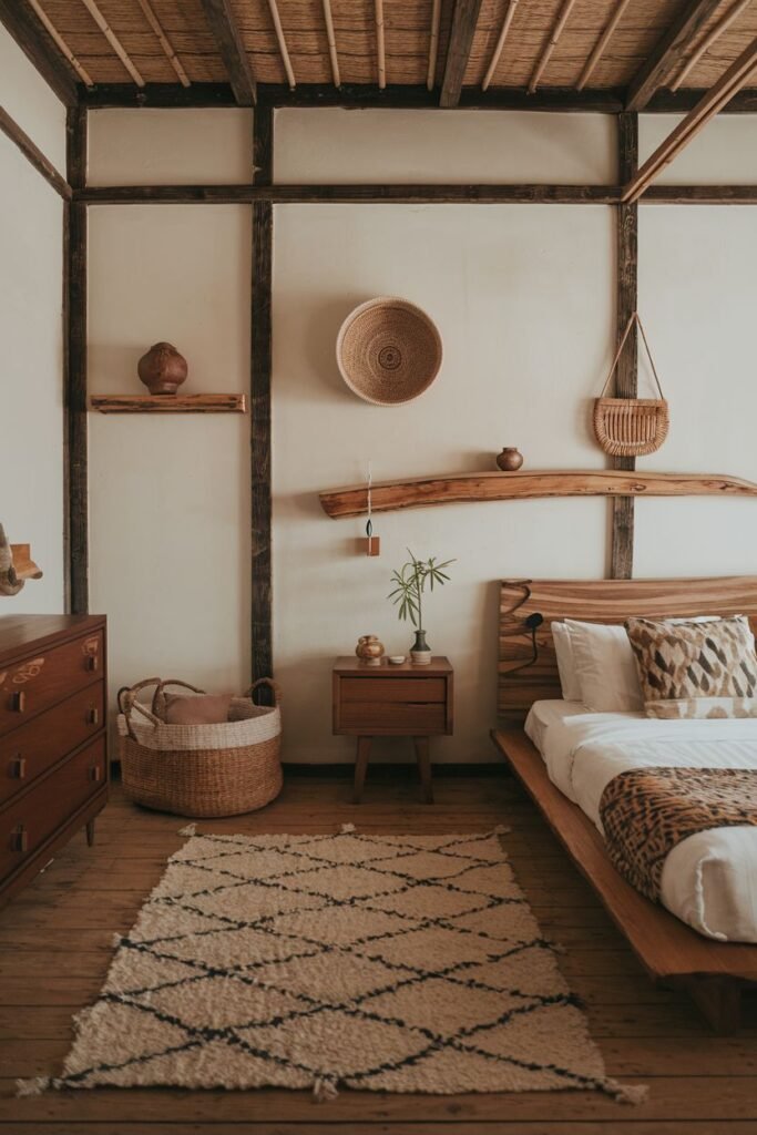 A textured, warm, wabi sabi bedroom with a wooden canopy bed frame, wooden dresser, baskets, wooden shelves, and a patterned rug.