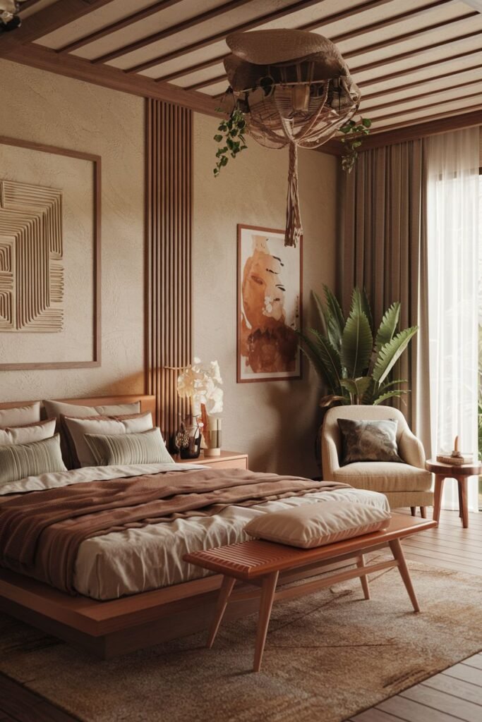 A sophisticated, warm, wabi sabi bedroom with a low wooden bed, armchair, wooden bench, hanging plant, and wall art.