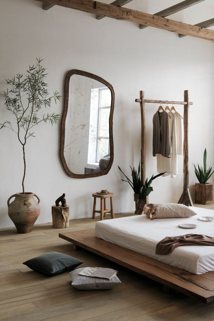 A spacious, warm, wabi sabi bedroom with a low wooden bed, wooden floor, wooden clothes rack, large organic-shaped mirror, and potted plants.