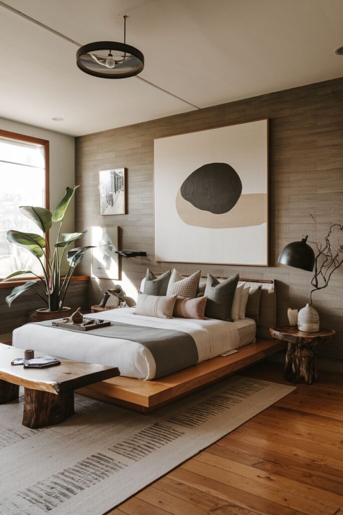 A modern, warm, wabi sabi bedroom with a low wooden bed, wooden floor, large abstract artwork, and side tables made from rough wood.