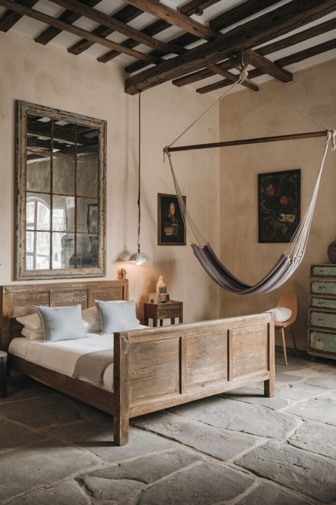 A rustic, warm, wabi sabi bedroom with a wooden bed, stone floor, large aged mirror, exposed wooden beams, and a hanging hammock.