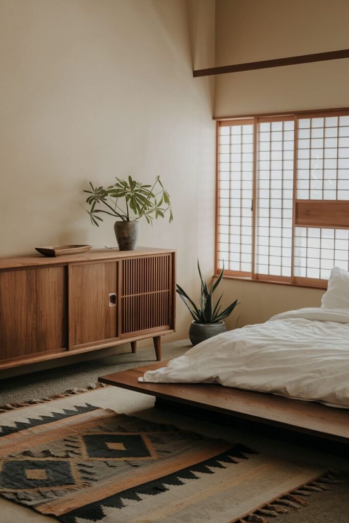 A serene, warm, wabi sabi bedroom with a low wooden bed, wooden cabinet, patterned rug, large shoji-style window, and potted plants.