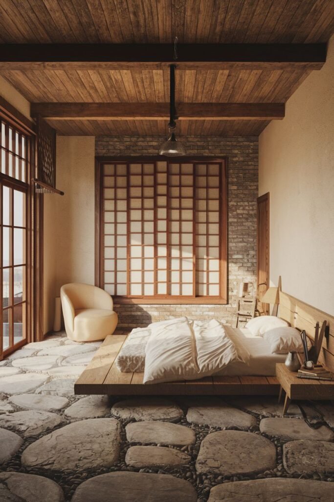 A cozy, warm, wabi sabi bedroom with a low wooden bed, rough stone floor, shoji-style window, exposed brick, and wooden ceiling.