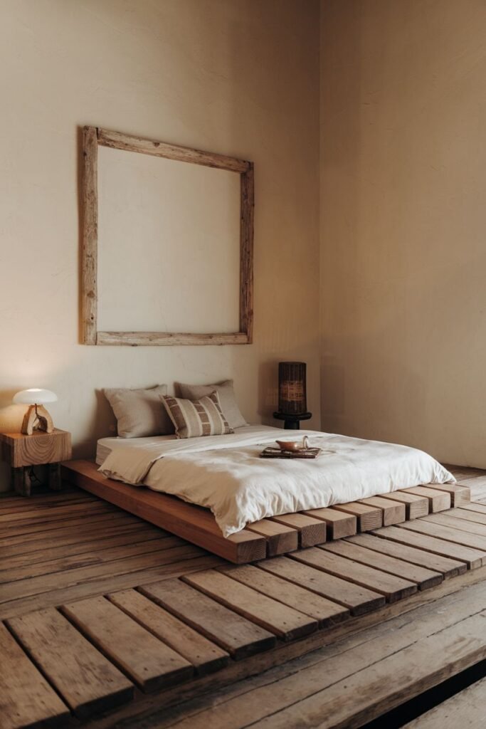 A minimalist, warm, wabi sabi bedroom featuring a low wooden slatted platform bed on a wooden floor, with simple side decor and an empty frame.
