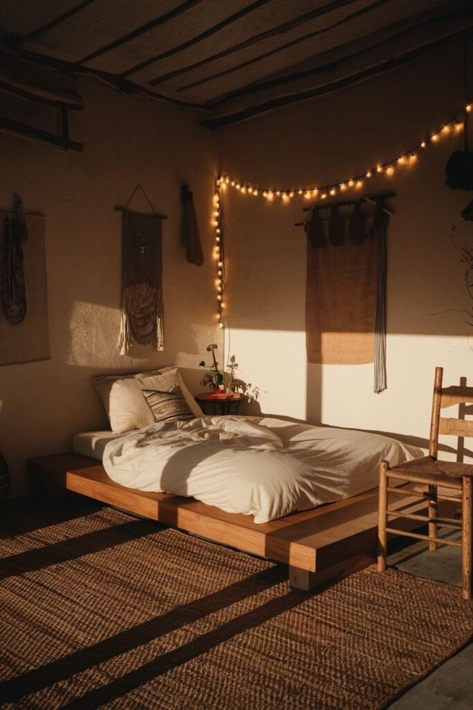 An inviting, warm, wabi sabi bedroom with a low wooden bed, natural fiber rug, string lights, and hanging textile art.