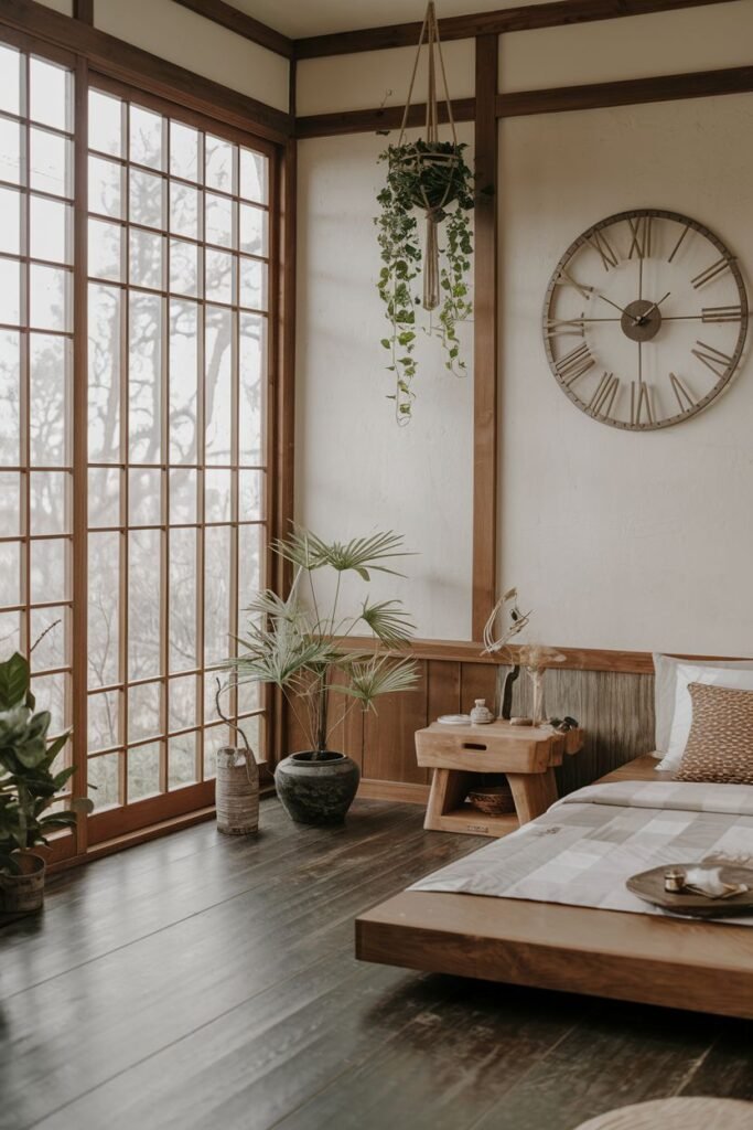 A tranquil, warm, wabi sabi bedroom with a low wooden bed, dark wooden floor, large shoji-style window overlooking trees, potted plants, and a large clock.