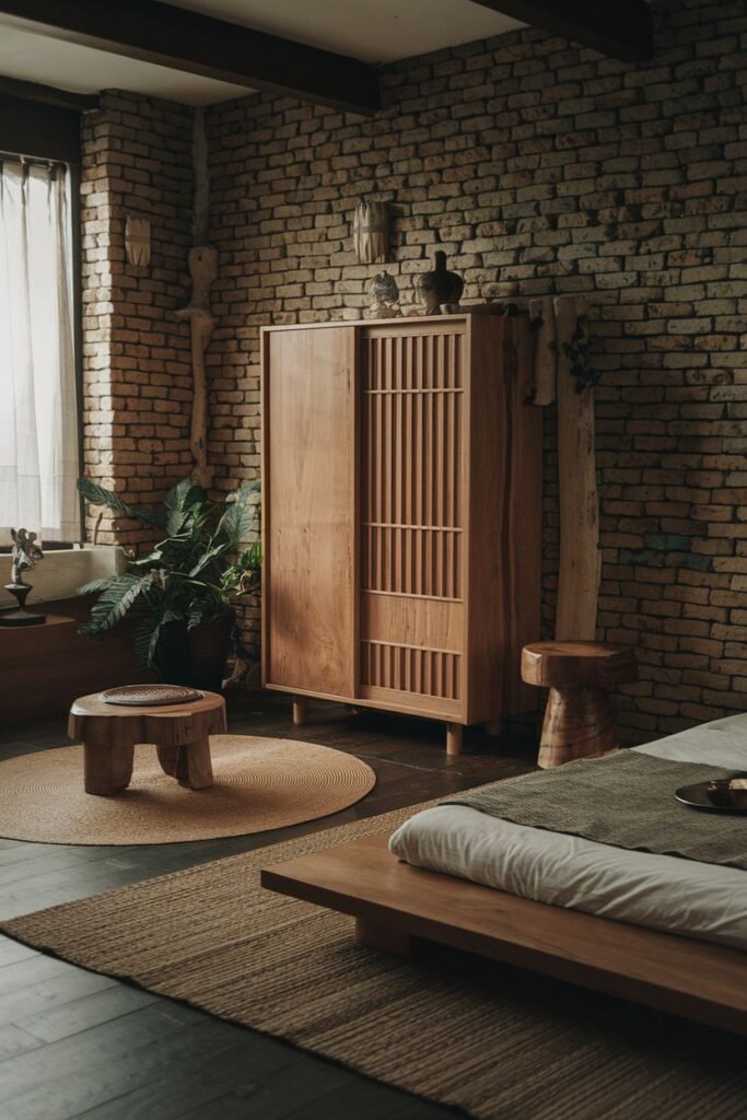 A grounded, warm, wabi sabi bedroom with a low wooden bed, exposed brick wall, large wooden cabinet, wooden stools, and natural fiber rugs.