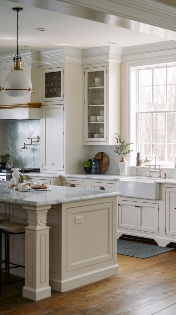 A farmhouse kitchen featuring a large island with a marble countertop and a white base, white upper and lower cabinets, and a white farmhouse sink under a large window.