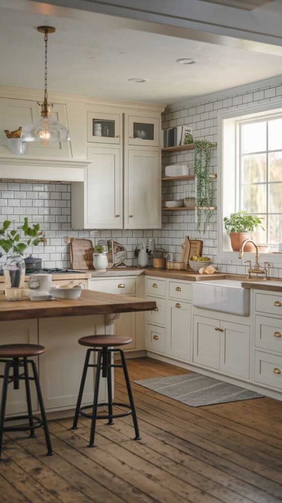 A kitchen with a large island, white cabinets, a white subway tile backsplash, and a white farmhouse sink under a window.