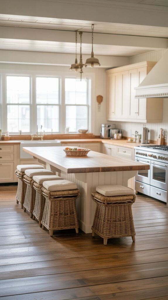 A bright farmhouse kitchen featuring a large wooden-topped island with a white base, white cabinets, a white farmhouse sink, and wicker stools.