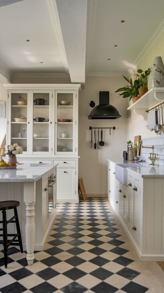A kitchen with a large white island with a marble top, white cabinets, a white farmhouse sink, and a distinct black and white checkerboard floor, common in some farmhouse styles.