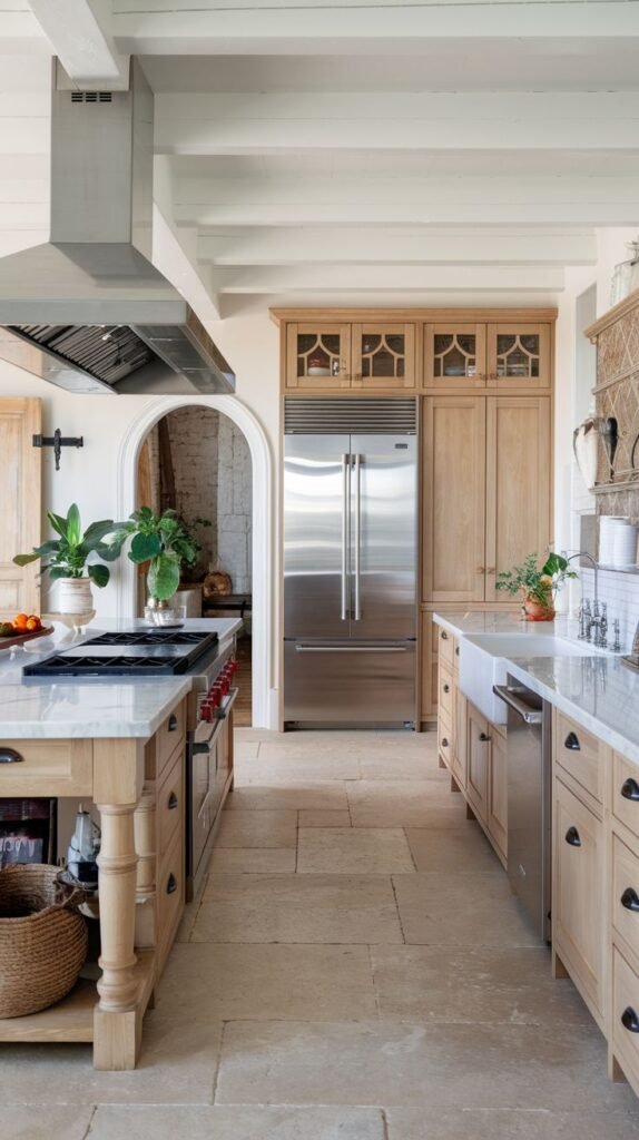 A farmhouse-inspired kitchen with a large island, light wood cabinets, stainless steel appliances, and a stone floor.