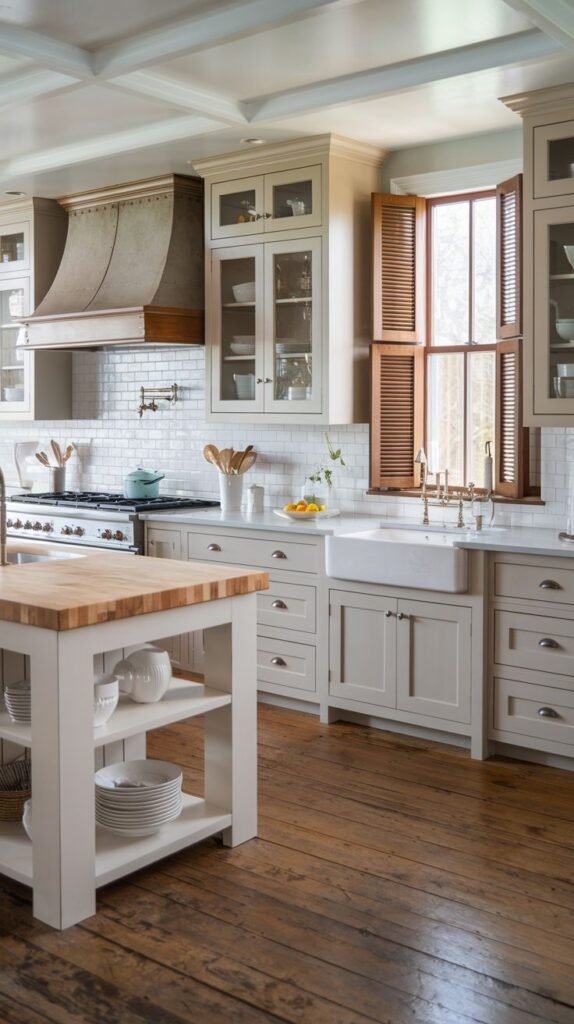 A farmhouse kitchen with a large wooden-topped island, beige cabinets, a white subway tile backsplash, and windows with wooden shutters.