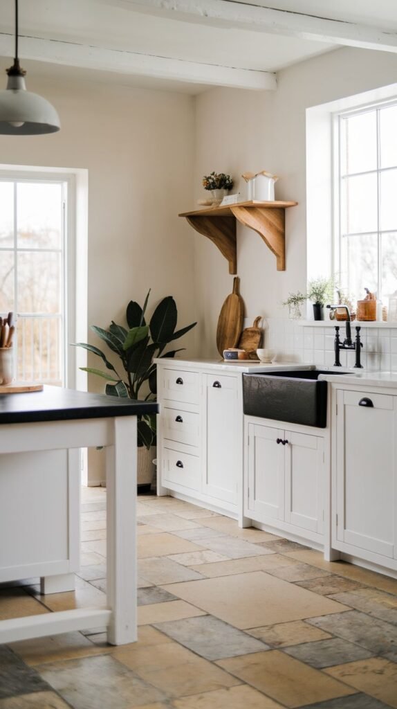 A bright kitchen with a large black-topped island with a white base, white cabinets, a black farmhouse sink, and a multi-colored stone tile floor.