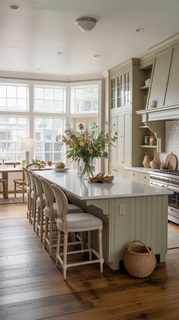 A farmhouse kitchen featuring a large island with a white countertop and a green base, and green cabinets.