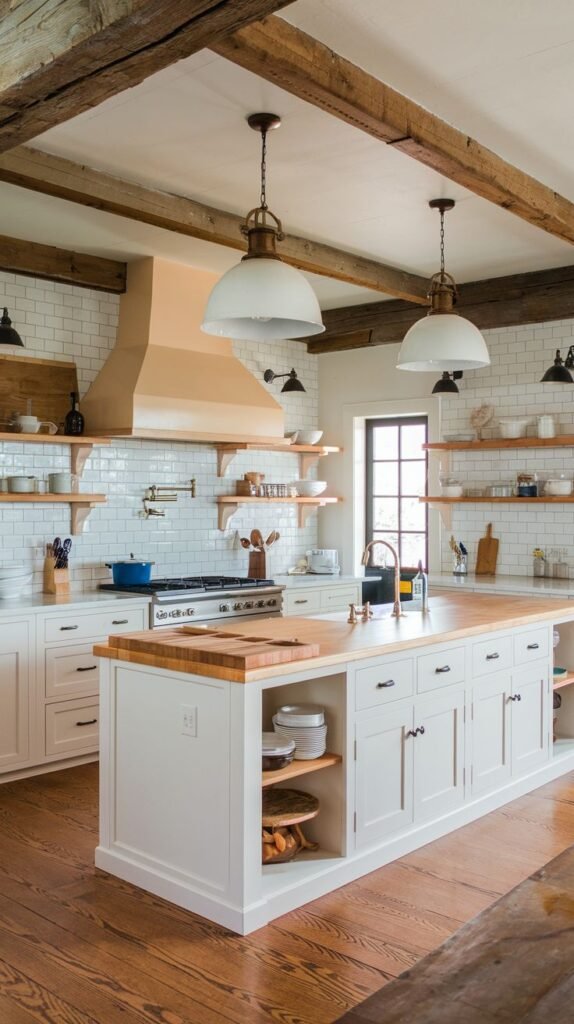 A bright farmhouse kitchen with exposed wooden ceiling beams, white cabinets, open shelving with various items, and a large island.