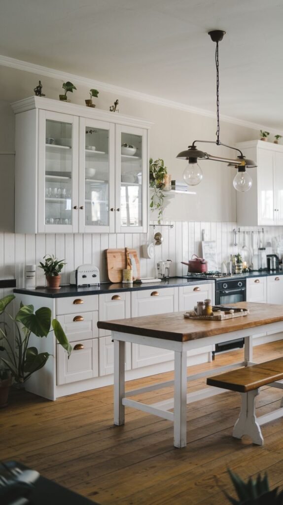 A kitchen with white cabinets, open shelves, a large wooden farmhouse table with benches, and several potted plants.