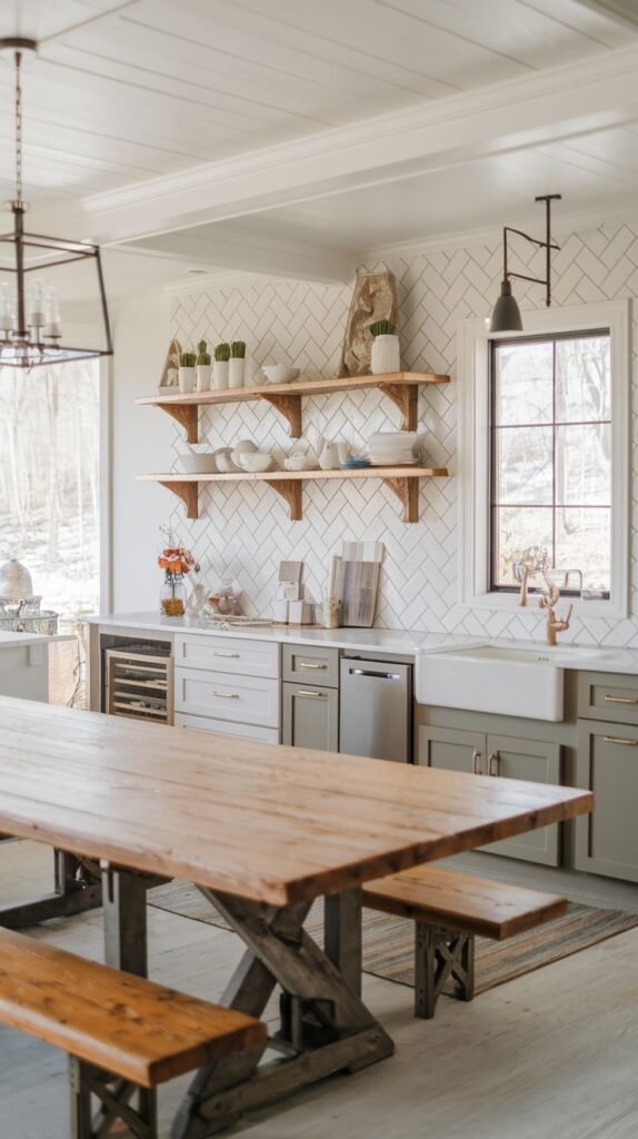 A kitchen with white upper cabinets and grey lower cabinets, a large wooden farmhouse table with benches, and a white tile backsplash.