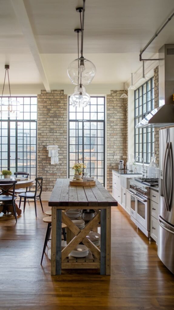 A kitchen with exposed brick walls, large windows, a wooden farmhouse-style island with a white countertop, and stainless steel appliances.