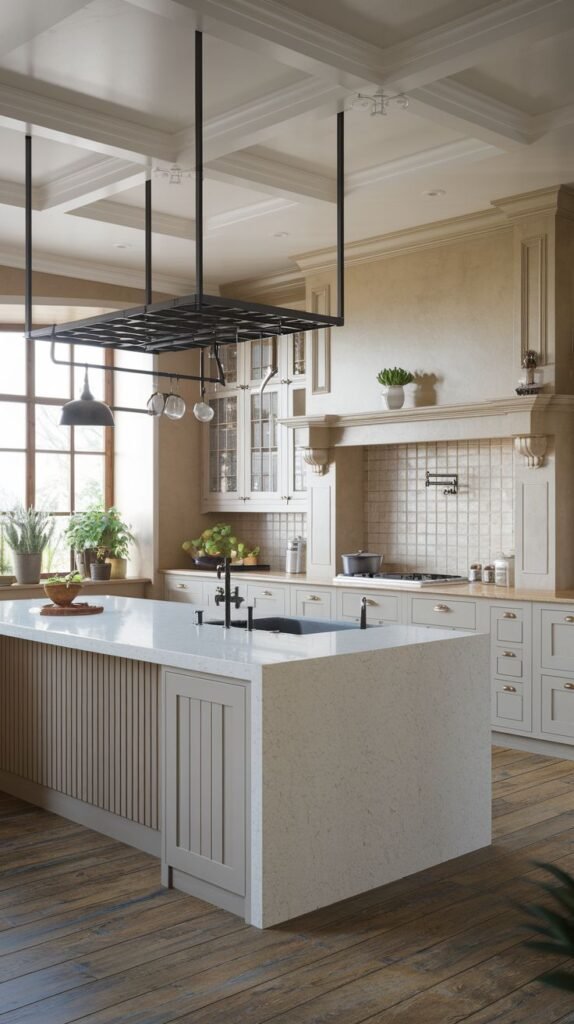 A spacious farmhouse kitchen with a large island, white cabinets, a tile backsplash, and a large window with dark trim.