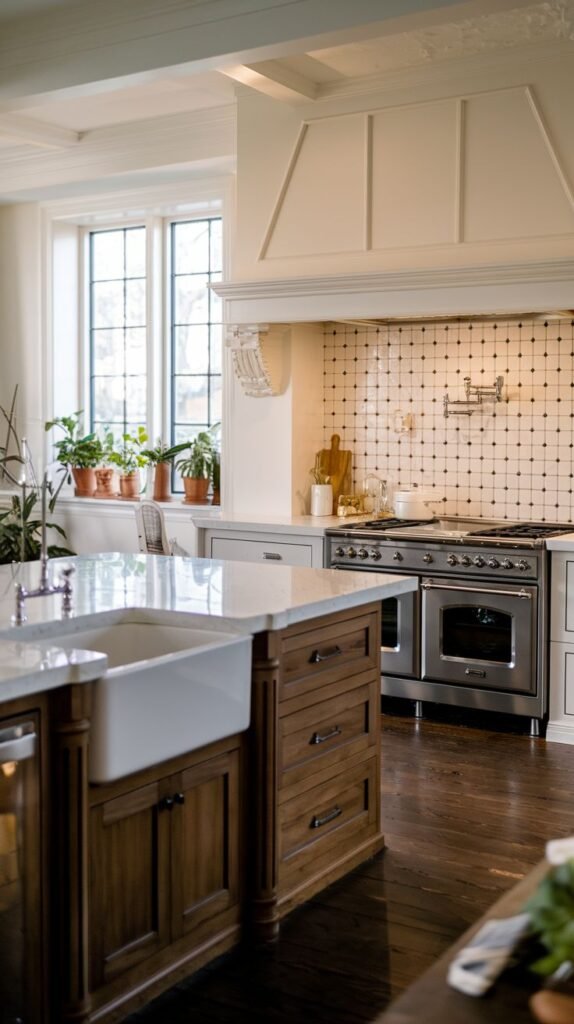 A kitchen featuring a dark wood island with a white countertop and a white farmhouse sink, white upper cabinets, a large range, and a window with smaller panes, suggesting a farmhouse style.