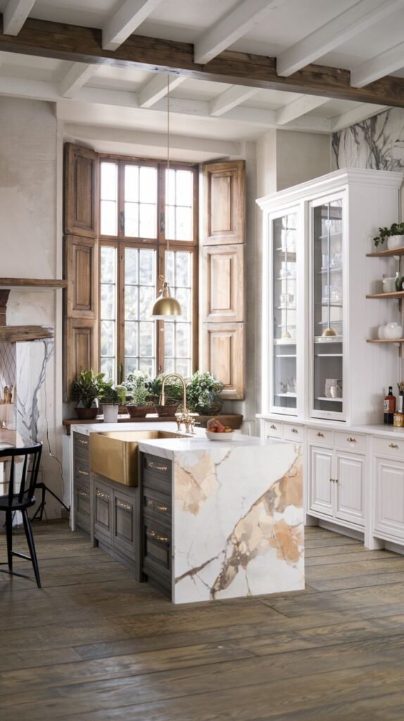 A kitchen with a large island topped with a unique marble, white cabinets with glass doors, and a large window with rustic wooden shutters, suggesting a farmhouse style.