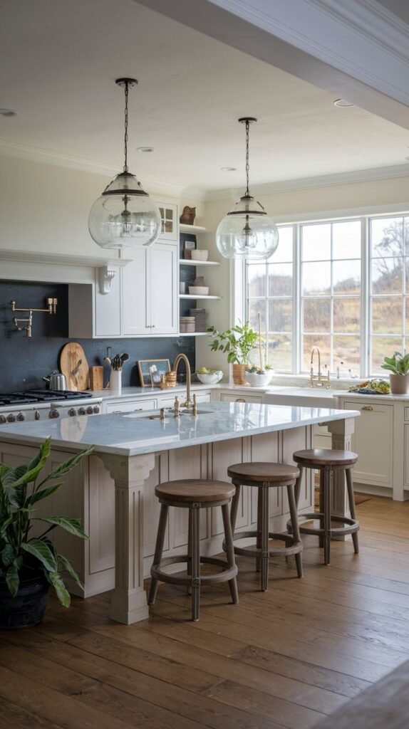 A farmhouse kitchen with a large island, white cabinets, a white farmhouse sink, and three wooden stools tucked under the island.