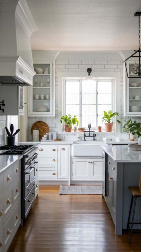 A bright kitchen featuring a large island with a grey base, white cabinets, a white subway tile backsplash, and a white farmhouse sink under a window.