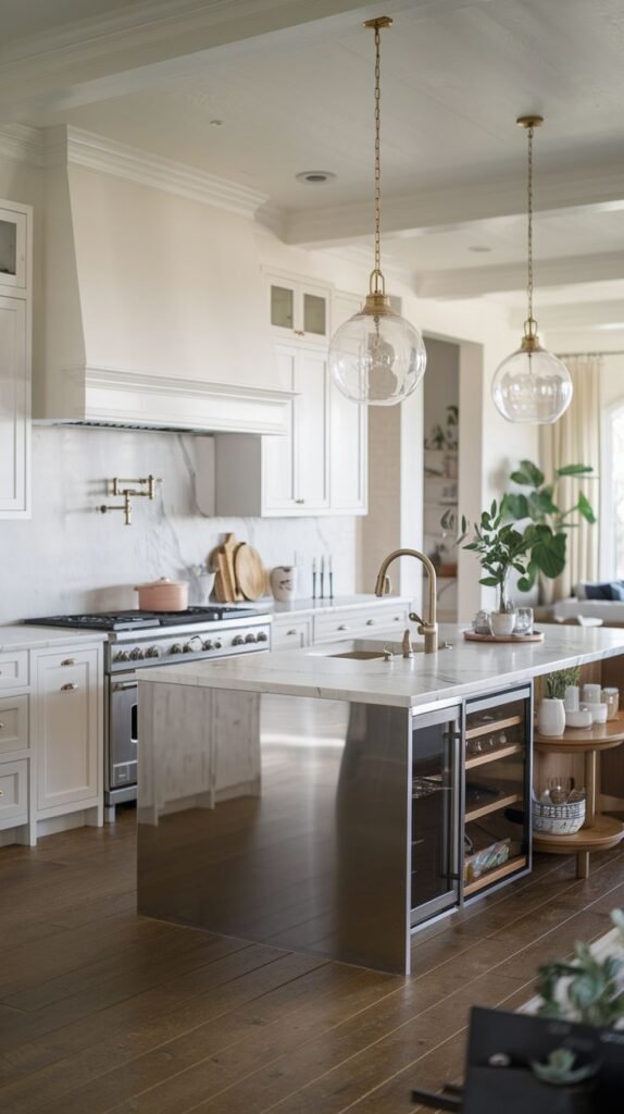 A kitchen with a large stainless steel island, white cabinets, a white marble backsplash, and large windows, potentially in a modern farmhouse style.