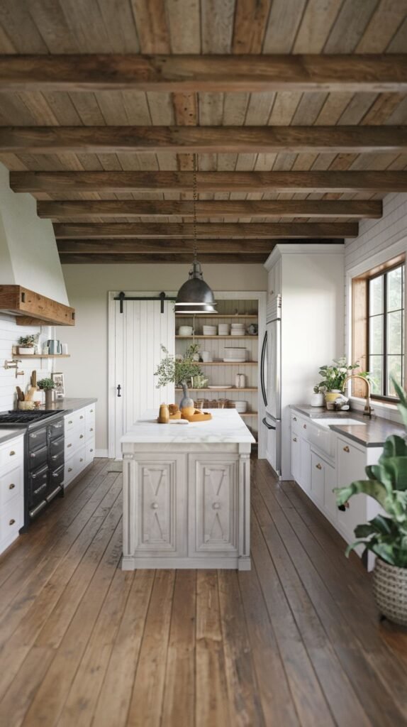 A farmhouse kitchen with exposed wooden ceiling beams, a large white island with distressed detailing, white cabinets, and a sliding barn door.