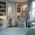 Beautiful, chic, modern, and stylish light blue bedroom with a bed, a light blue chair, a desk with a chair, and built-in bookshelves flanking a doorway.