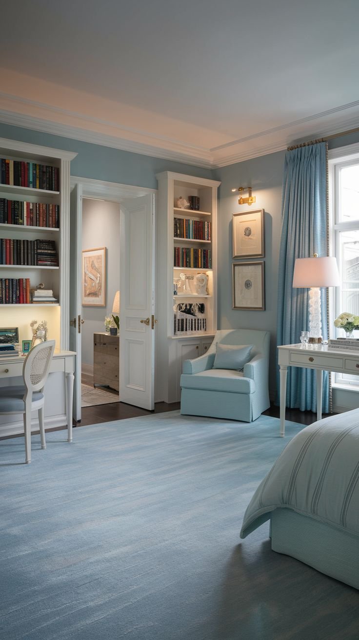 Beautiful, chic, modern, and stylish light blue bedroom with a bed, a light blue chair, a desk with a chair, and built-in bookshelves flanking a doorway.