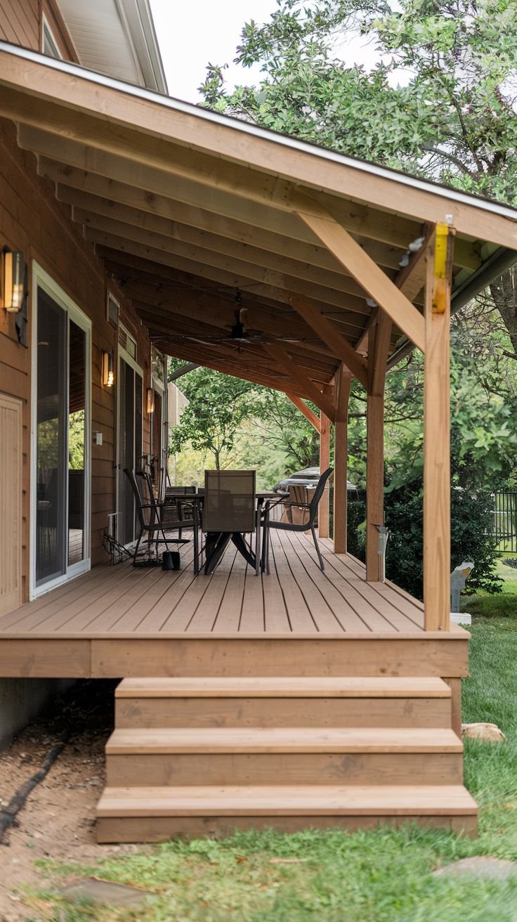 A wooden deck and steps leading up to a house. The deck is covered by a wooden roof with visible beams, supported by wooden posts. It is furnished with outdoor seating and a table.