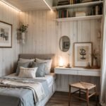 Cozy tiny bedroom decor featuring white wood paneling on the walls, a floating desk or shelf as a workspace, wall-mounted shelving above the desk, and a round jute rug, blending rustic elements with modern functionality.