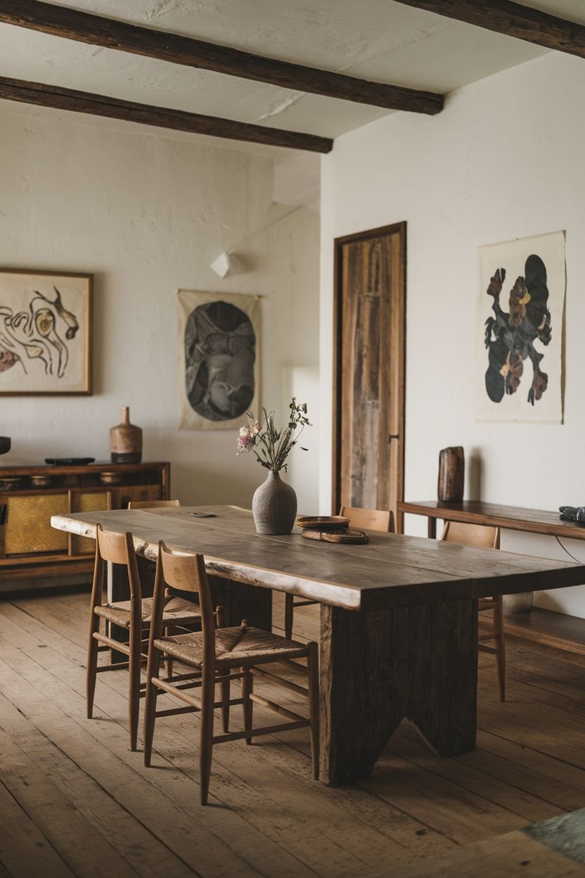 An elegant dining room with a large wooden table and minimalist wooden and woven-seat chairs, featuring artwork and simple furniture, showcasing a wabi sabi aesthetic.