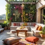 Outdoor space with a large sectional sofa, coffee table, cushions and a colorful rug, under a pergola with string lights and a vertical garden wall covered in flowering plants.