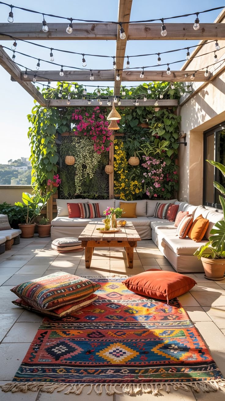 Outdoor space with a large sectional sofa, coffee table, cushions and a colorful rug, under a pergola with string lights and a vertical garden wall covered in flowering plants.