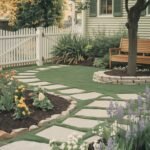 A curved pathway of irregular square stepping stones set in green grass winds through a garden with dark mulch beds and flowering plants. A wooden bench is under a tree near a white picket fence and house.
